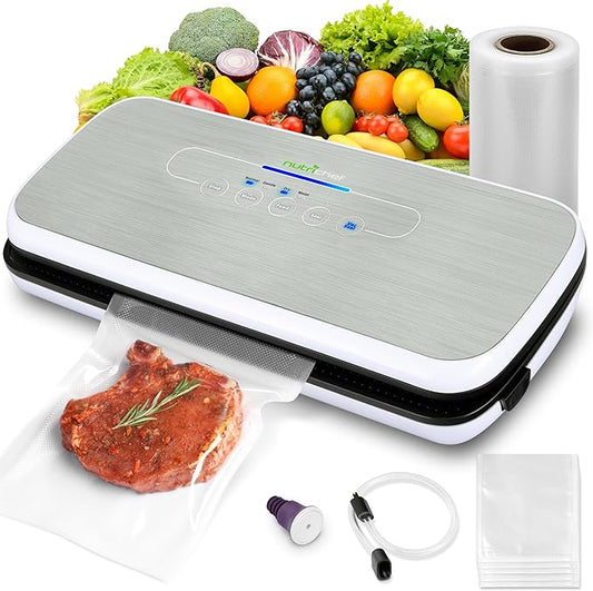 NutriChef Automatic Food Vacuum Sealer, Electric Air Sealing Preserver System for Dry and Moist Foods, LED Control, Strong Suction, Includes Bags, Wine Stopper Cork, and Air Suction Hose, 14"x6"x3"