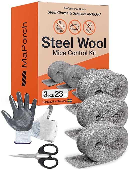MaPorch 3-Roll Steel Wool Mice Control Kit - Unchewable Gap Filler for Doors, Pipes, Weep Holes and Baseboards - 2.5 in x 7.5 ft - Grade 4 Thick Excluder Mesh for Rodents with Gloves and Scissors