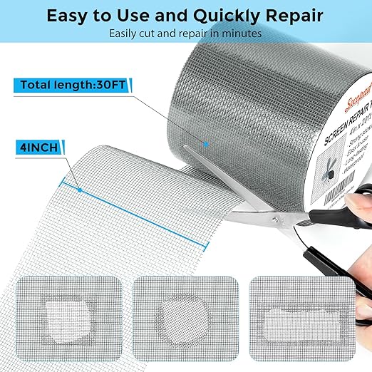 Secopad Grey Window Screen Repair Tape, 4IN X 20FT (240IN) Screen Repair Kit for Windows or Doors, Strong Adhesive Patch Kit Fiberglass Mesh Tape