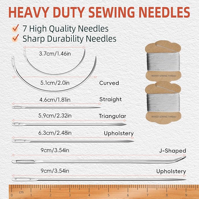Upholstery Repair Kit: Extra Strong Waxed Sewing Thread 2Rolls (Gray Color) &Heavy Duty Household Hand Needles (7 PCS) for Leather, Canvas, Bookbinding & Quilting Thread