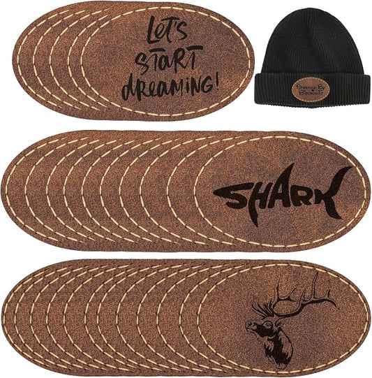 50 Pack Blank Leatherette Hat Patch with Adhesive, Rectangle Laserable Leatherette Patch, Faux Leather Patches for Hats Custom Fabric Repair Sew Laser Supplies (Chestnut-Oval)