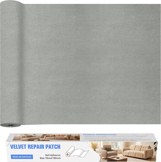 KING MOUNTAIN Couch Fabric Repair Patch, Fabric Patches for Furniture, 16" x 80" Waterproof Velvet Repair Tape for Sofas, Car Seats, Furniture, Upholstery Fabrics and Velvet Goods. （Grey2.0）