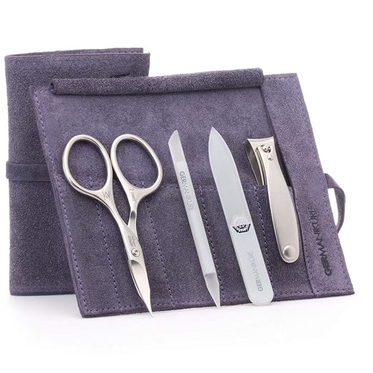 GERMANIKURE 4pc Mini Professional Manicure Set in Purple Suede Case - FINOX Stainless Steel Tools Made in Solingen Germany, Glass Nail Care Supplies Made in Czech Republic