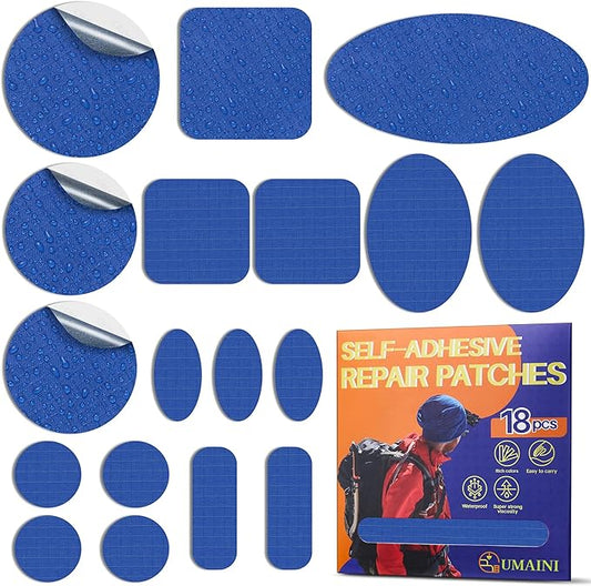Down Jacket Repair Patch Kit, Outdoor Gear Tenacious Repair Tape, Self Adhesive Fabric Patches for Clothes, Waterproof Ripstop Nylon Fabric Patch for Puffer Jacket, Coat, Tent (18 Pcs, Navy Blue)