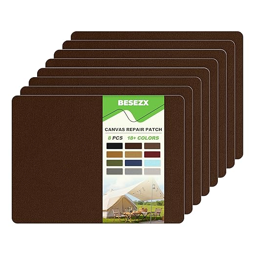 Besezx Canvas Repair Patch,Outdoor Gear Patch, 7.87x5.9 Inches 8PCS,Waterproof Self-Adhesive Fabric Repair Tape for Repairing Boat Covers,Sun Shades,Sofas,Tents,Lounge Chairs,Awnings (Dark Brown)