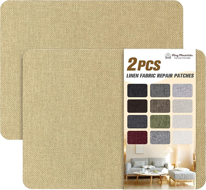 KING MOUNTAIN Coarse Linen Repair Patches, Self-Adhesive Linen Fabric Patches, 8X11 inch 2 PCS, Multi Color, Can be Used for Linen Sofa Repair (8" x 11"-2PCS,Khaki)