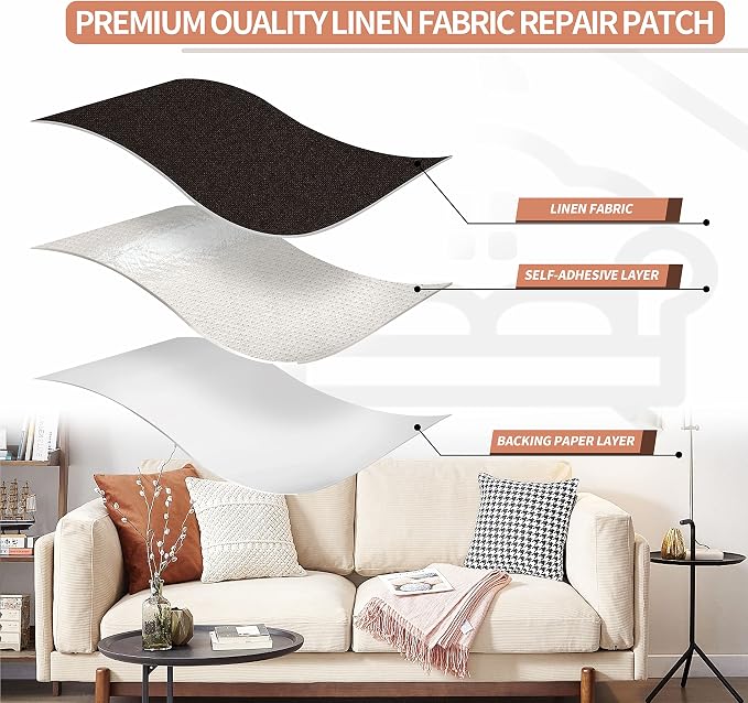 Fine Linen Repair Patches, Self-Adhesive Linen Fabric Patches, 12X40 inch Extra Size, Multi Color, Can be Used for Linen Sofa Repair (12" x 40", Dark Brown)