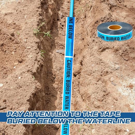Pangda 2 Rolls "Caution Buried Water Line Below" 2 Inch x 1000 Feet Detectable Safety Tape 5 Mil Underground Detectable Warning Tape for Construction Sites Road Repairs Caution