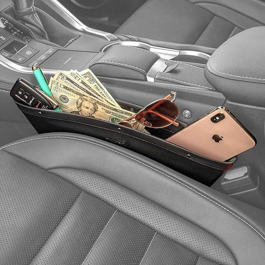 Lusso Gear Car Seat Gap Organizer - Pack of 2 - Prevents Items Falling & Seat Gap Filler - Universal Fit 0.5"-2" Slots & Automotive Use - Easy Clean Design for Auto Accessories - Gray Faux Leather