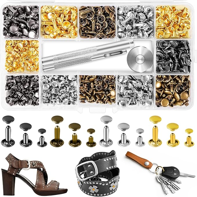 420 Sets Leather Rivets, Rivets for Leather Crafting, 4 Colors and 3 Sizes Leather Rivet Kit with 3pcs Leather Tools, Rivets for Fabric, Remaches para Cuero, Double Cap Brass Rivets for Decoration