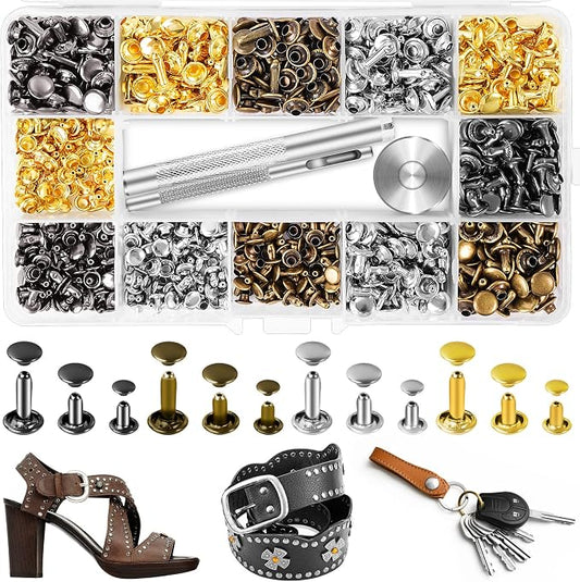420 Sets Leather Rivets, Rivets for Leather Crafting, 4 Colors and 3 Sizes Leather Rivet Kit with 3pcs Leather Tools, Rivets for Fabric, Remaches para Cuero, Double Cap Brass Rivets for Decoration