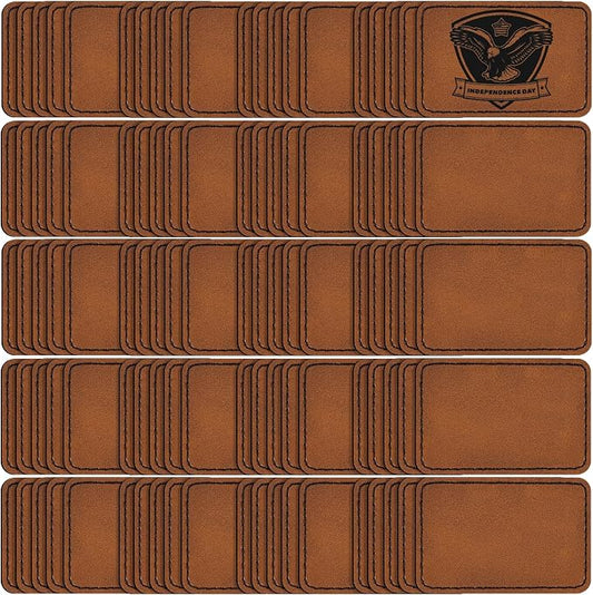 100 Pack Blank Leatherette Patches with Adhesive, Rectangle Laser Engravable Faux Leather Patch for Hats Custom, Fabric Repair Sew, Engraving Materials, Gifts, DIY (Khaki, 3 x 2 in)