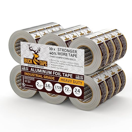 24 Pack Buck Aluminum Foil Tape – 2 Inch x 216ft (72 yd), 3.6 Mil – HVAC Tape for Ductwork, AC, Dryer Vents & Insulation – Silver Foil Tape for Metal Repair, Exhaust Sealing & Air Conditioning