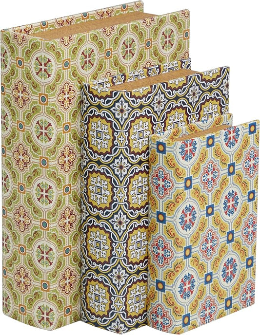 Deco 79 Canvas Decorative Box Storage Book Book Shaped Boxes with Arabesque Pattern and Gold Page Inspired Detail, Set of 3 Decorative Keepsake Boxes 12", 10", 8"H, Multi Colored