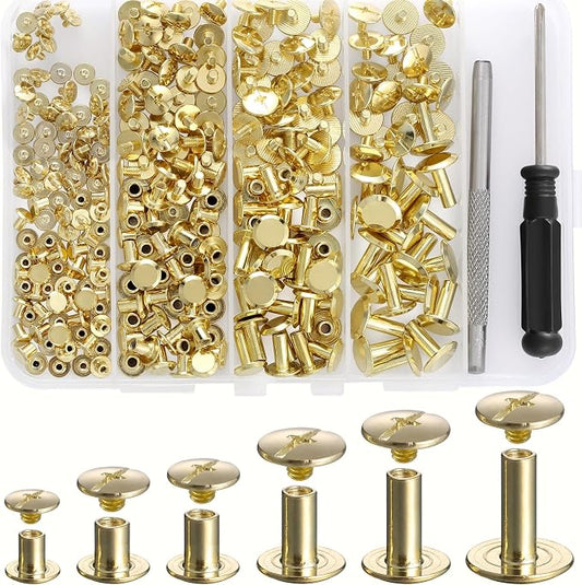 YORANYO 140 Sets Chicago Screws Leather Rivets Kit for Fabric Leather Crafting 6 Sizes Chicago Binding Screws for Decorate and Repair Belt Bag Shoes Purse Pet Collar Clothing Bookbinding (Gold)