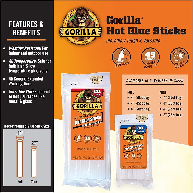Gorilla Hot Glue Sticks, Full Size, 4" Long x .43" Diameter, 30 Count, Clear, Bonds: Wood, Metal, Glass, Plastic, Floral, Fabric, Leather, Foam, and More (Pack of 1 with 30 Glue Sticks)