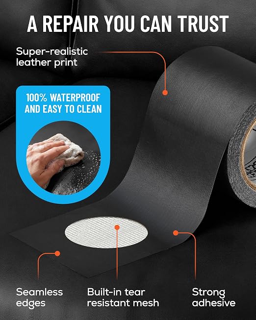 MATCH 'N PATCH Black Leather Repair Tape, 2.25" x 15' for Furniture | Realistic Faux Leather Patches for Couch, Sofa, Upholstery, Car Seat & Other Furniture, Vinyl Repair Kit, Self Adhesive Patch