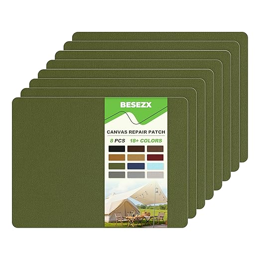 Besezx Canvas Repair Patch,Outdoor Gear Patch, 7.87x5.9 Inches 8PCS,Waterproof Self-Adhesive Fabric Repair Tape for Repairing Boat Covers,Sun Shades,Sofas,Tents,Lounge Chairs,Awnings (Army Green)