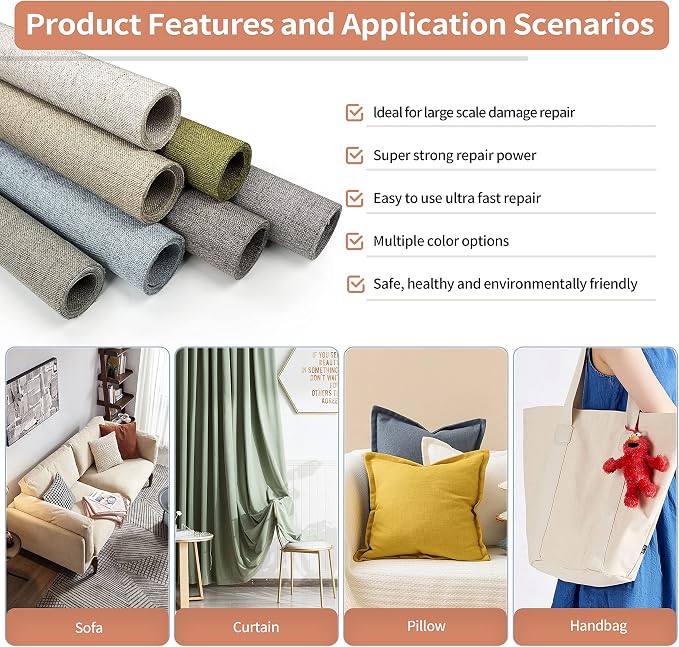 KING MOUNTAIN Fine Linen Repair Patches, Self-Adhesive Linen Fabric Patches, 12X40 inch Extra Size, Multi Color, Can be Used for Linen Sofa Repair (12" x 40", Light Grey 3.0)