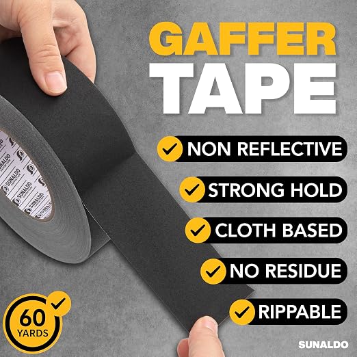 Gaffers Tape Heavy Duty, Easy to Rip, Residue-Free Professional Grade Floor Tape for Electrical Cords, Matte Finish Non Reflective, Weather Resistant (1, Black, 2" x 60 Yards)