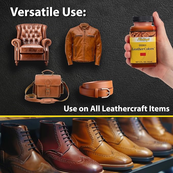 Fiebing's LeatherColors (4 Fl Oz, Orange) - Leather Dye for Natural Leather - Water-Based, Non-Flammable Formula - Permanent & Penetrating Color for Shoes, Boots, Furniture - Safe for Institution Use