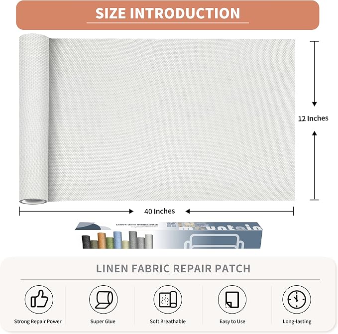 KING MOUNTAIN Fine Linen Repair Patches, Self-Adhesive Linen Fabric Patches, 12X40 inch Extra Size, Multi Color, Can be Used for Linen Sofa Repair (12" x 40",White)