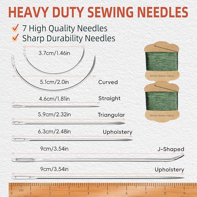 Upholstery Repair Kit: Extra Strong Waxed Sewing Thread 2 Rolls （Army Green） &Heavy Duty Household Hand Needles (7 PCS) for Leather, Canvas, Bookbinding & Quilting Thread
