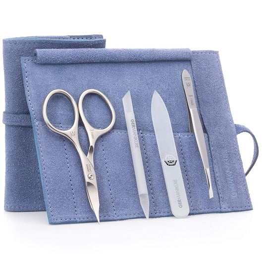 GERMANIKURE 4pc Mini Professional Manicure Set in Light Blue Suede Case - FINOX Stainless Steel Tools Made in Solingen Germany, Glass Nail Care Supplies Made in Czech Republic