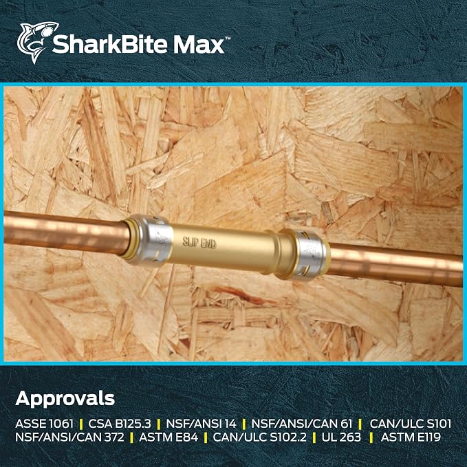 SharkBite Max 1/2 Inch Slip Coupling, Push to Connect Brass Plumbing Fitting, PEX Pipe, Copper, CPVC, PE-RT, HDPE, UR3008A