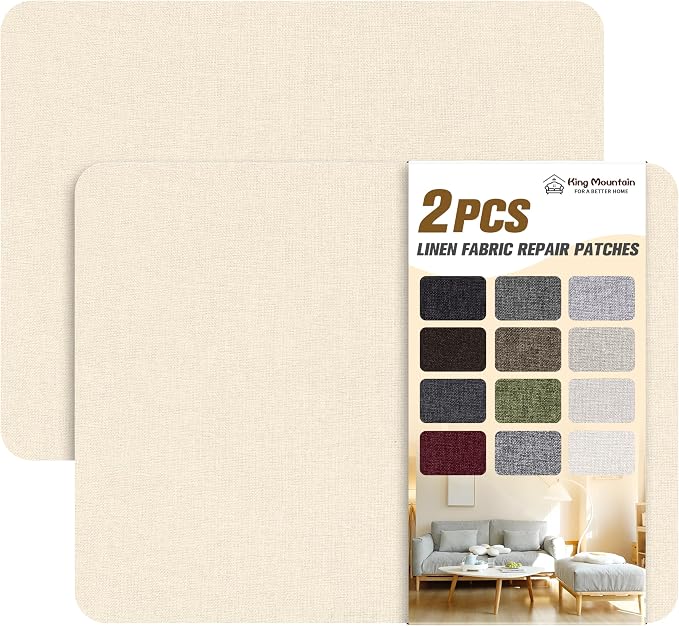 KING MOUNTAIN Fine Linen Fabric Patches, Self-Adhesive, 8x11 inch, 2 PCS, Multi Color, for Linen Sofa Repair (Off White, 8" x 11" - 2PCS)