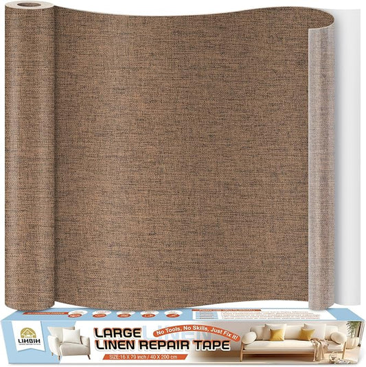 Linen Fabric Repair Tape 16x79 Inch, Self Adhesive Couch Patch Repair Fabric Tape for Furniture, Linen Patch Kit for Couch, Carpet, Upholstery, Chair, Sofa, Cushion, Bag (Brown)