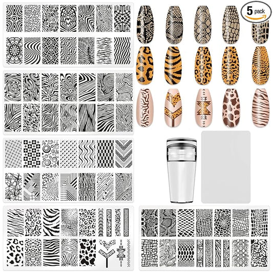 5Pcs Nail Stamping Plates Leopard Print Nail Stamps Nail Art Stamping Plates Nail Stencils Nail Plate Template Nail Art Stamping Kit Nails Accessories with 1 Nail Stamper, 1 Scraper