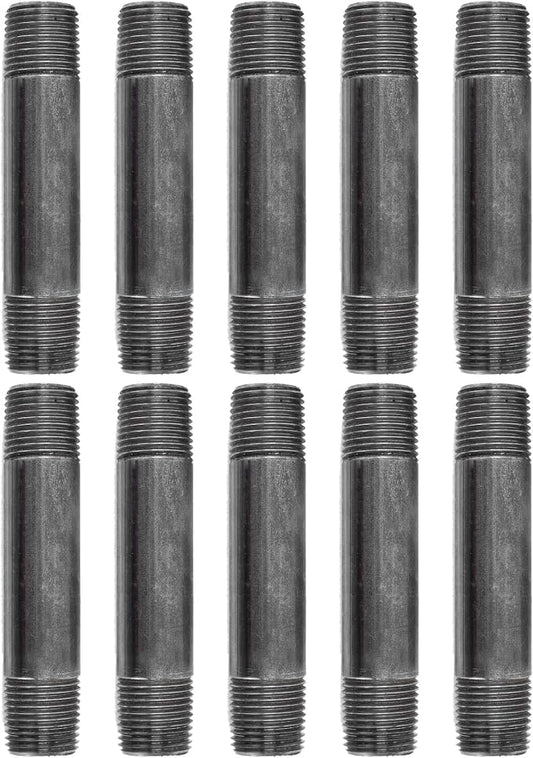 PIPE DÉCOR 1/2” x 4” Malleable Cast Iron Pipe Nipple, Pre Cut Connectors, Industrial Steel Grey Fits Standard Half Inch Black Threaded Pipes Nipples and Fittings, Build Vintage DIY Furniture, 10 Pack