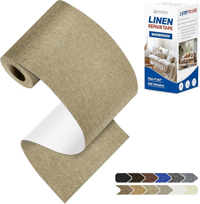 KING MOUNTAIN Linen Repair Patches, Self-Adhesive Fabric Patches, 4 X 63 inch Extra Size, Multi Color, Can be Used for Sofa Repair (Flaxen)