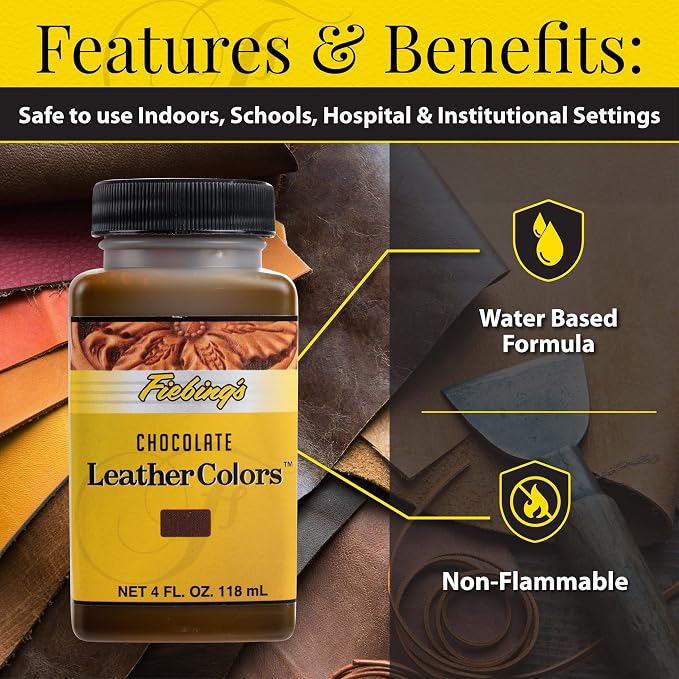 Fiebing's LeatherColors (4 Fl Oz, Chocolate) - Leather Dye for Natural Leather - Water-Based, Non-Flammable Formula - Permanent & Penetrating Color for Shoes, Boots, Furniture - Safe for Institutions