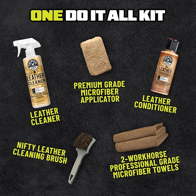 Chemical Guys Leather Care Kit, Cleaner and Conditioner for Car Seats | Complete 6-piece leather cleaning and conditioning kit for car seats, furniture, shoes and bags; genuine or vegan leather