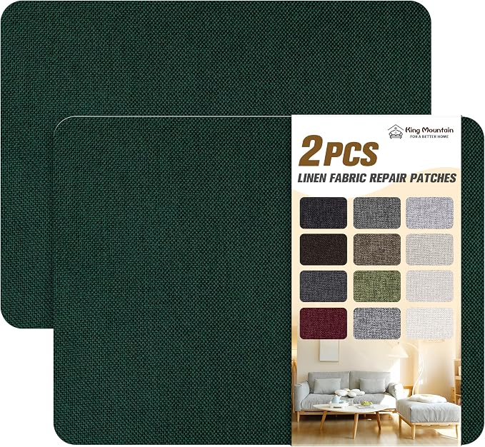 KING MOUNTAIN Coarse Linen Repair Patches, Self-Adhesive Linen Fabric Patches, 8X11 inch 2 PCS, Multi Color, Can be Used for Linen Sofa Repair (8" x 11"-2PCS,Dark Green)