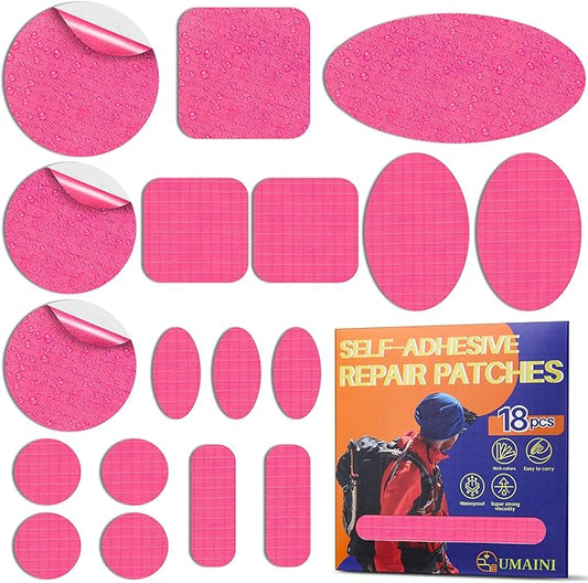 Down Jacket Repair Patch Kit, Outdoor Gear Tenacious Repair Tape, Self Adhesive Fabric Patches for Clothes, Waterproof Ripstop Nylon Fabric Patch for Puffer Jacket, Coat, Tent (18 Pcs, Pink)