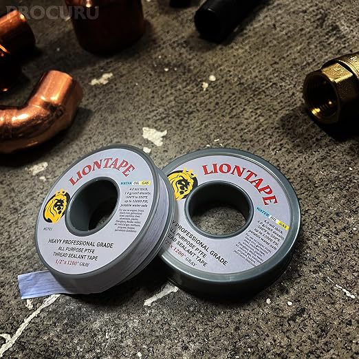 PROCURU Liontape G701 10-Pack 1/2" x 1200" (100-Ft) Heavy Duty Professional Teflon Tape, for Water/Oil/Gas, 4-Mil, High Density, Up to 12000 psi, Grey