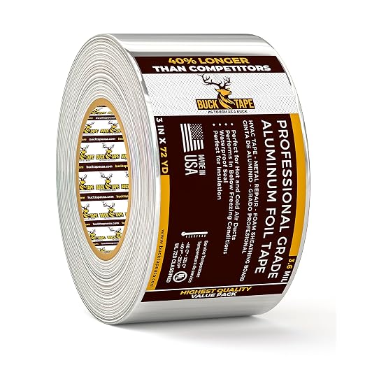 Buck Aluminum Foil Tape – 3 Inch x 216ft (72 yd), 3.6 Mil – HVAC Tape for Ductwork, AC, Dryer Vents & Insulation – Silver Foil Tape for Metal Repair, Exhaust Sealing & Air Conditioning (1 Pack)