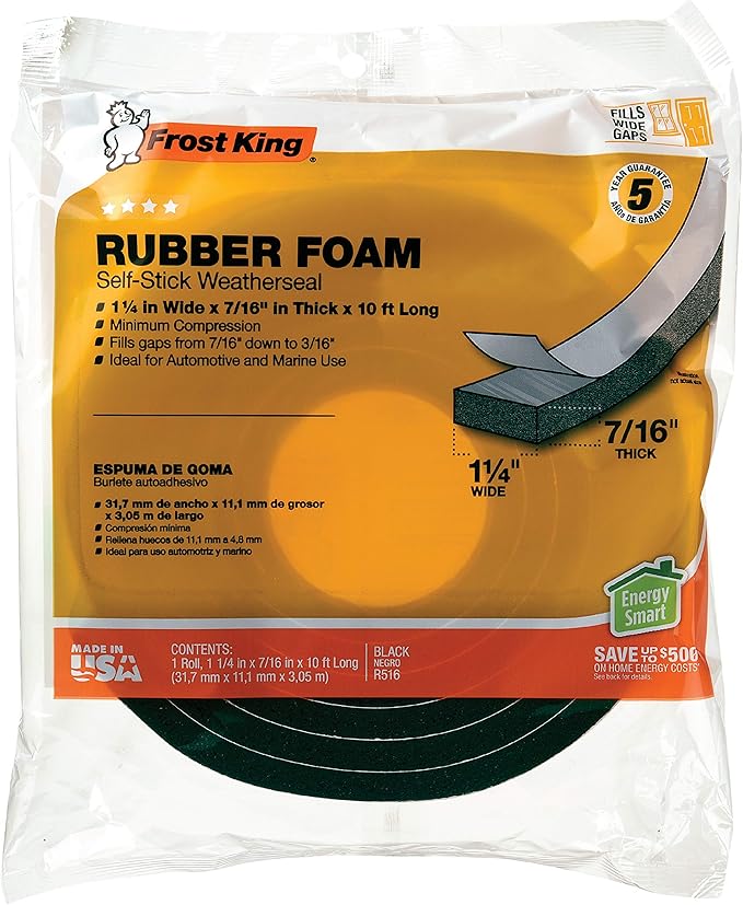 Frost King R516H 1-1/4-Inch by 7/16-Inch by 10-Foot Thick Sponge Rubber Foam Tape, Black
