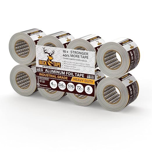 8 Pack Buck Aluminum Foil Tape – 4 Inch x 216ft (72 yd), 3.6 Mil – HVAC Tape for Ductwork, AC, Dryer Vents & Insulation – Silver Foil Tape for Metal Repair, Exhaust Sealing & Air Conditioning