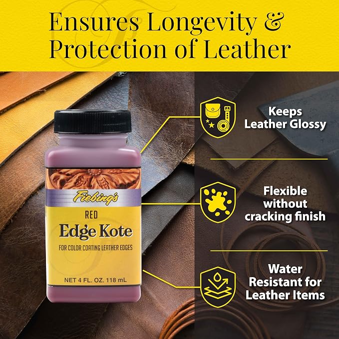 Fiebing's Edge Kote Leather Paint (4oz) - Edge Paint for Shoes, Furniture, Purses - Flexible, Water Resistant, Semi Gloss Color Coating Leather Dye to Protect Natural Edges (Red)
