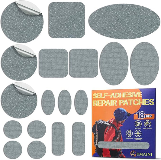 Down Jacket Repair Patch Kit, Outdoor Gear Tenacious Repair Tape, Self Adhesive Fabric Patches for Clothes, Waterproof Ripstop Nylon Fabric Patch for Puffer Jacket, Coat, Tent (18 Pcs, Gray)