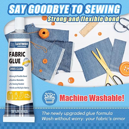 Permanent Fabric Glue for Patches on Clothes - Washable, Clear & Flexible Multi-Purpose Fabric Adhesive for Denim, Leather, Cotton, Polyester - Extra Strong Bond for Doll Repair & Crafts (50g/1.76oz)