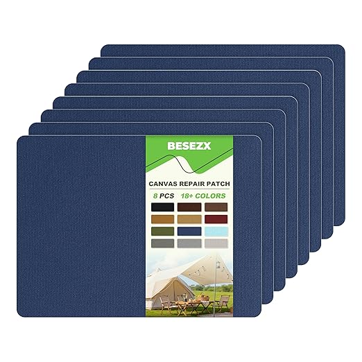 Besezx Canvas Repair Patch,Outdoor Gear Patch, 7.87x5.9 Inches 8PCS,Waterproof Self-Adhesive Fabric Repair Tape for Repairing Boat Covers,Sun Shades,Sofas,Tents,Lounge Chairs,Awnings (Dark Blue)