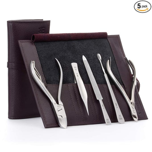 GERMANIKURE 5pc Manicure Set in Deep Purple Leather Case - Made in Germany, FINOX Stainless Steel Tools – Professional Mens Grooming Kit