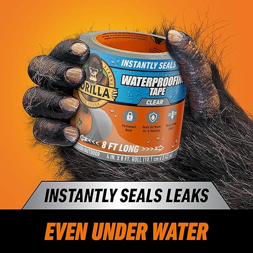 Gorilla Waterproof Patch & Seal Tape, Clear Tape, 4" x 8' (Pack of 4) - Permanent Weather Resistant Seal for Leaks and Repairs