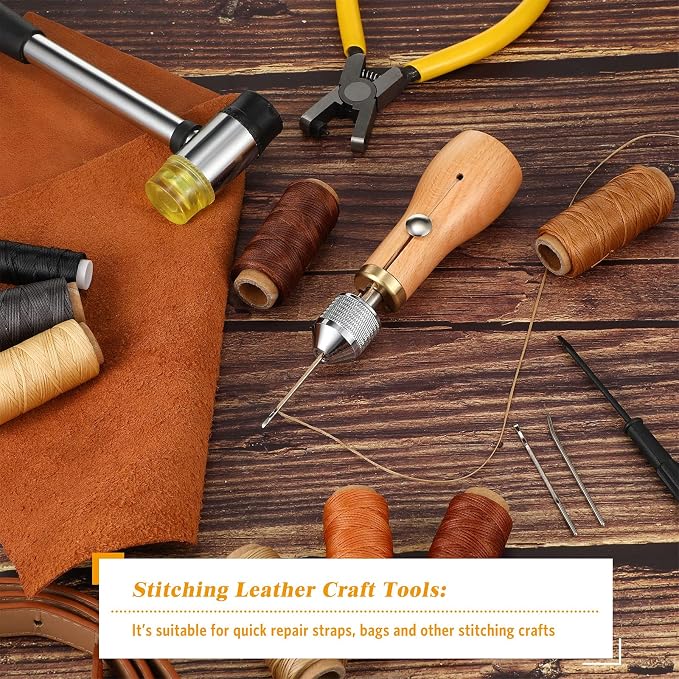 WILLBOND 12 Pcs Leather Sewing Awl Kit Hand Stitcher Including Handheld Sewing Repair Awl Straight and Bent Needles and 8 Rolls Waxed Threads with Small Screwdriver for DIY Craft
