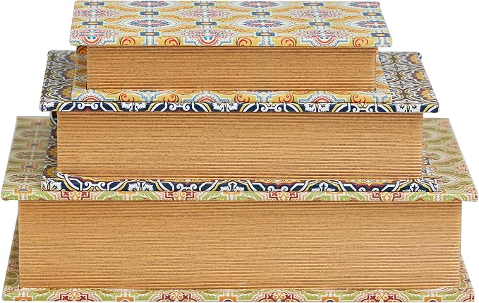 Deco 79 Canvas Decorative Box Storage Book Book Shaped Boxes with Arabesque Pattern and Gold Page Inspired Detail, Set of 3 Decorative Keepsake Boxes 12", 10", 8"H, Multi Colored